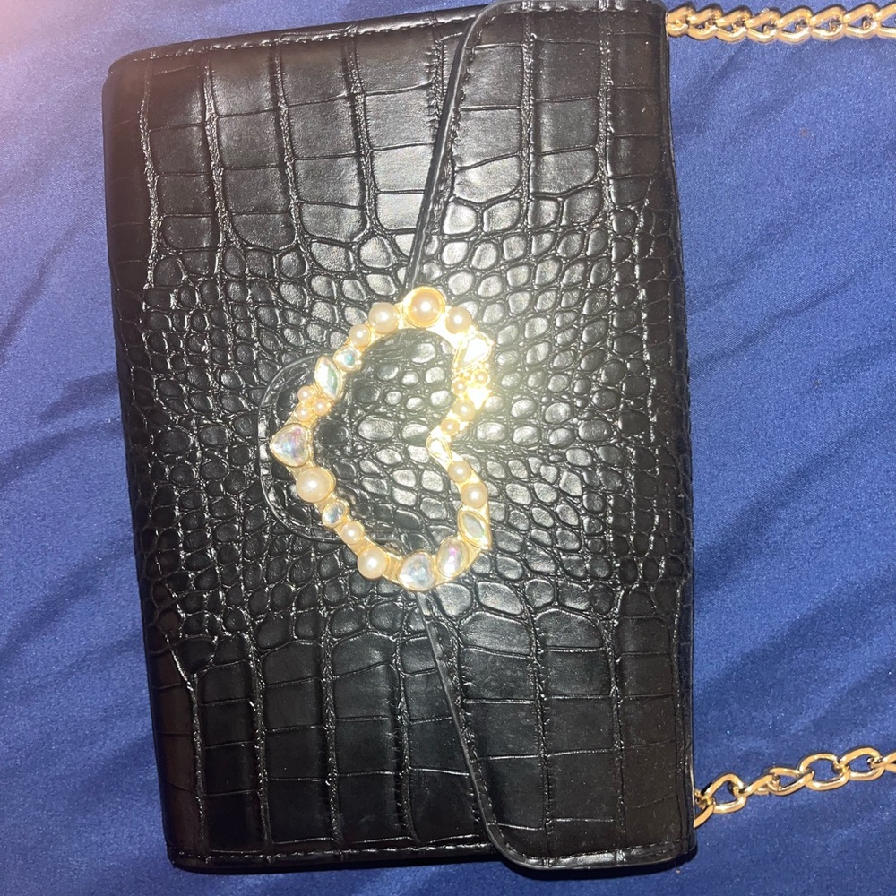 Betsey Johnson Black and Gold Baby Bag with Heart Embellishment